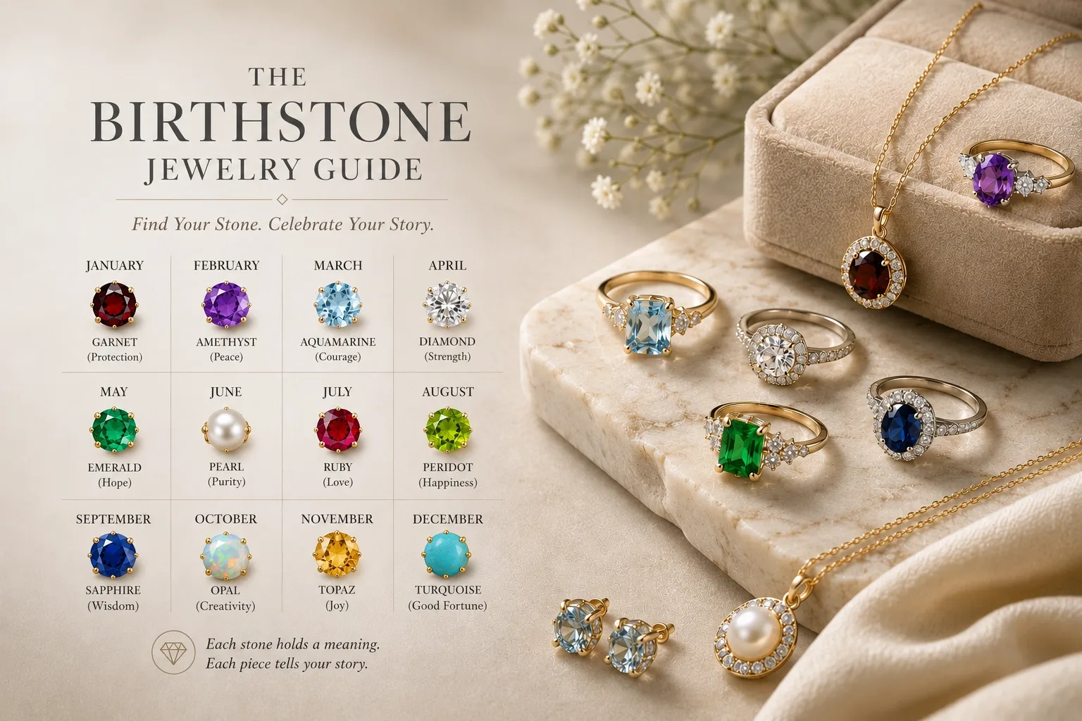 Colorful birthstone jewelry representing each month's symbolic gemstone.