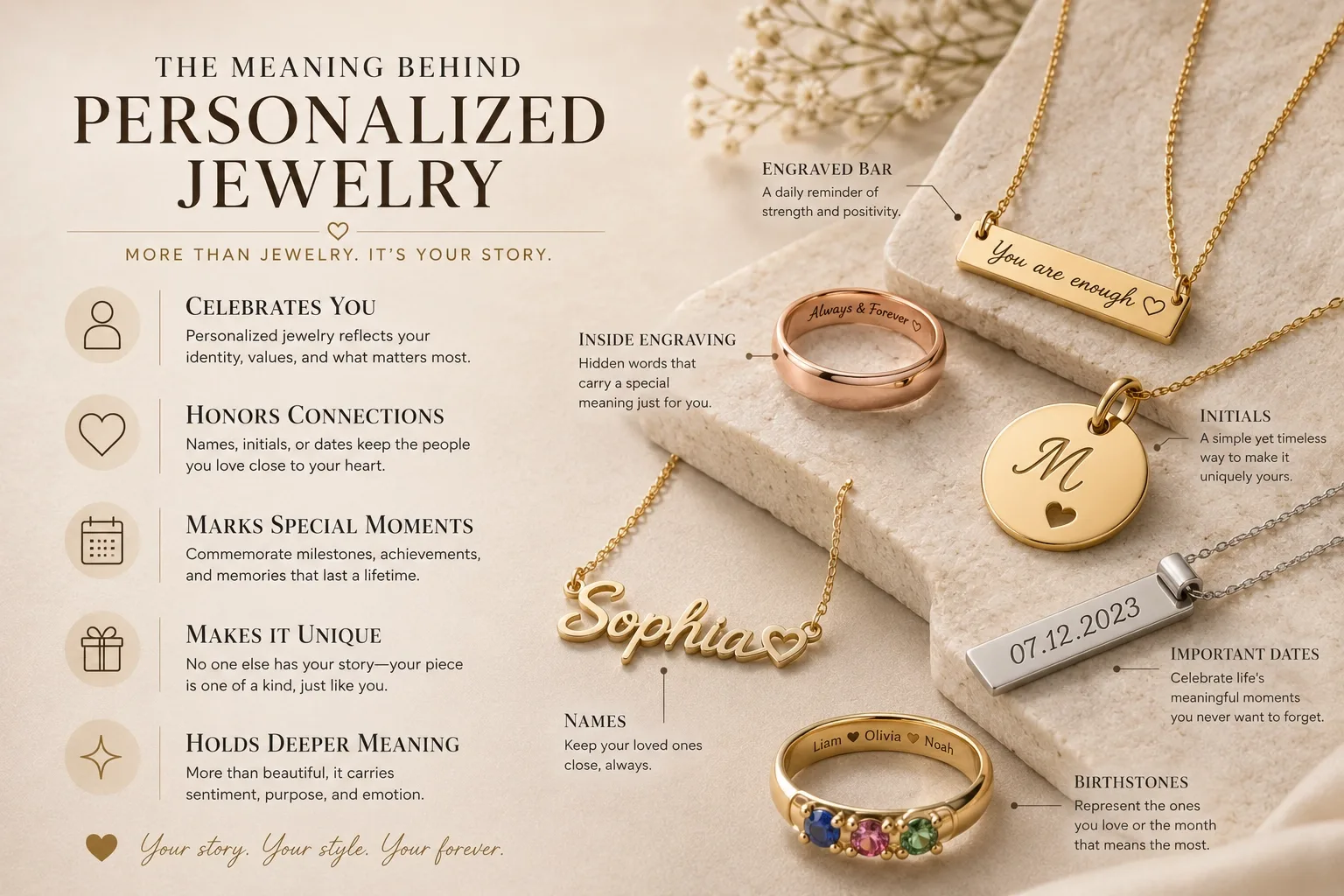 Custom engraved necklace and initial pendant symbolizing love and identity.