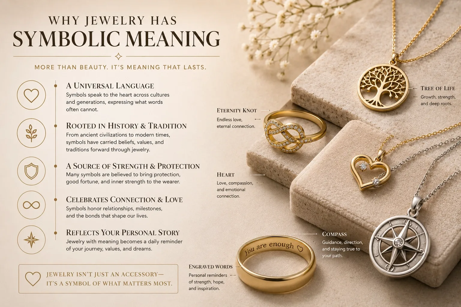 Different jewelry styles symbolizing love, commitment, spirituality, and personal identity.